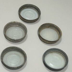 Vintage (5) zinc canning mason jar lids, white porcelain lined regular 3”